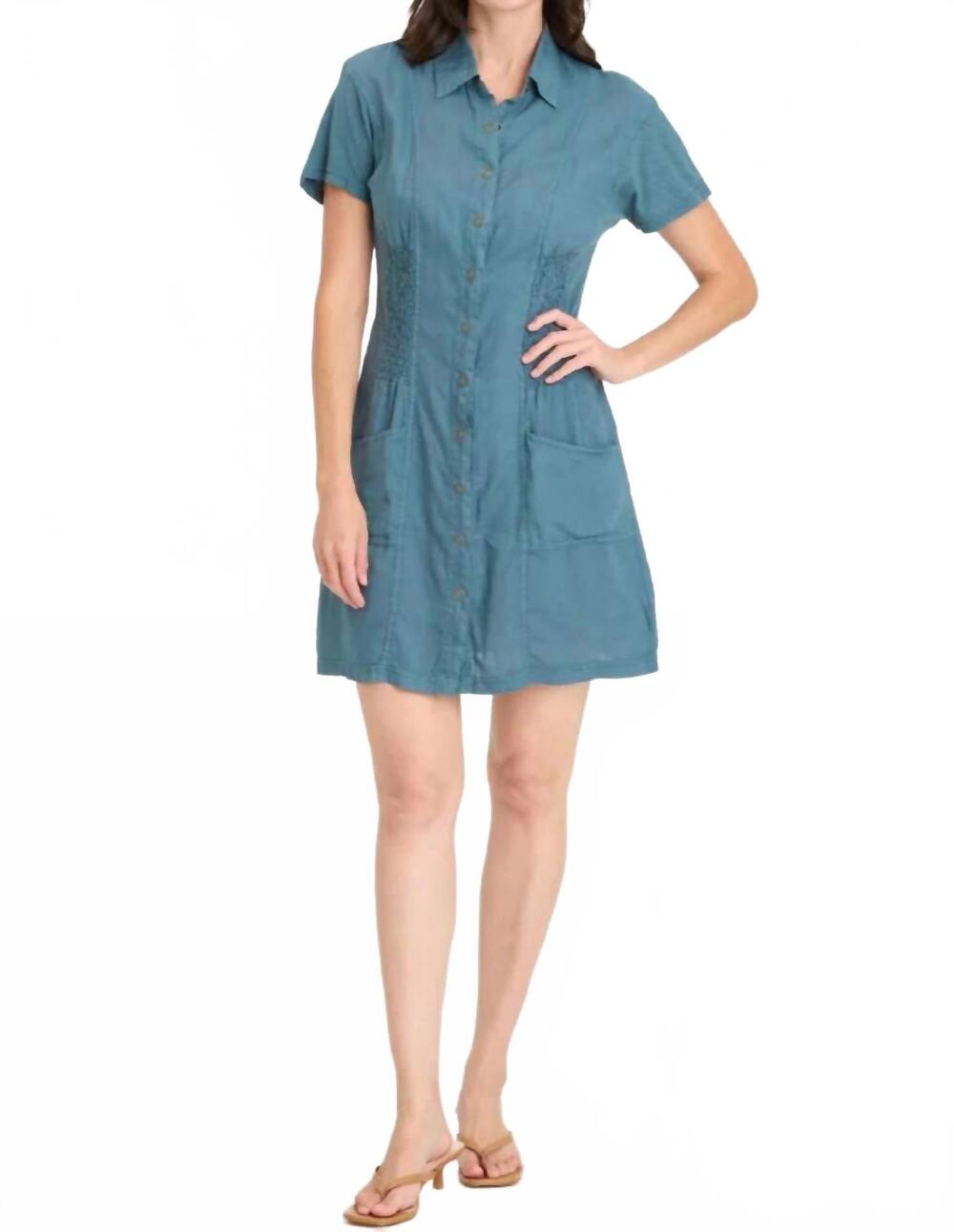NEW XCVI mikel linen snap-up collared dress in color: deep teal